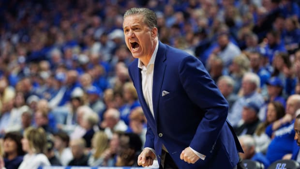 Mar 6, 2024; Lexington, Kentucky, USA; Kentucky Wildcats head coach John Calipari yells to his players during the first half against the Vanderbilt Commodores at Rupp Arena at Central Bank Center. Mandatory Credit: Jordan Prather-USA TODAY Sports